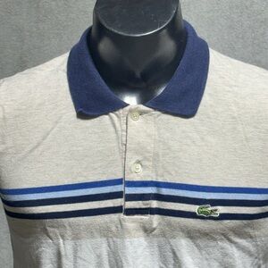 Lacoste Men’s Polo Shirt Mens Small Striped Beige Short Sleeved Logo Golf